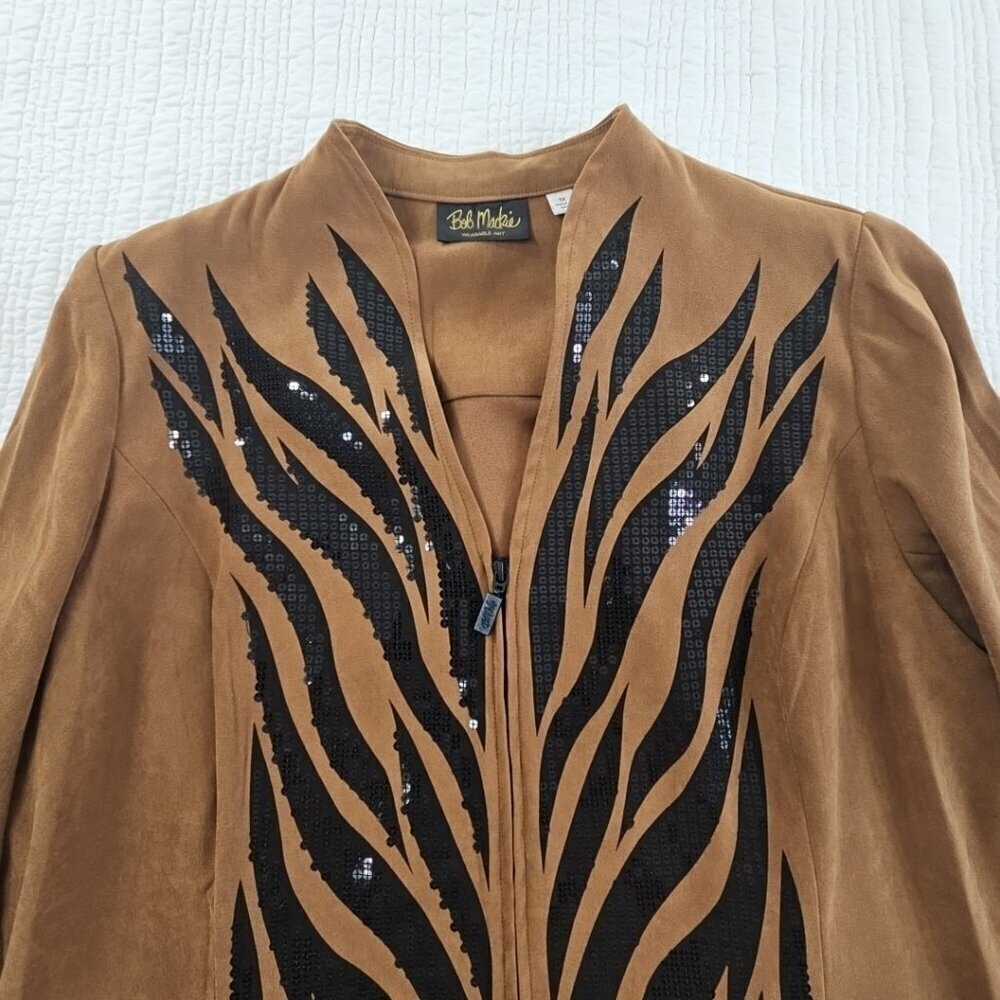 Bob Mackie Sequined Jacket Women's XL Brown Full Zip Pockets EUC Wearable Art - Picture 3 of 14